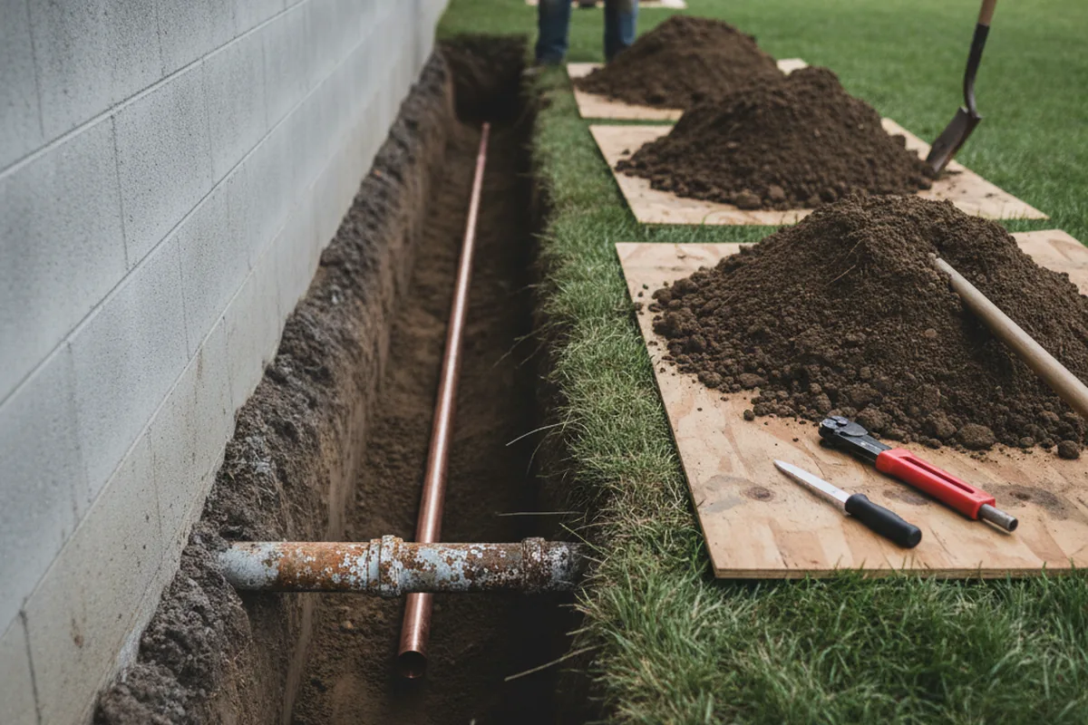 Excavated water line trench during Water Heater Repair in Craigville